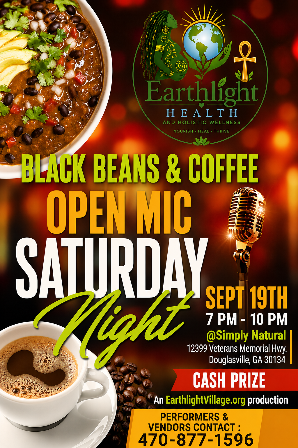 Black Beans & Coffee Open Mic Saturday Night — Sept 19th, 7–10 PM at Simply Natural, Douglasville GA